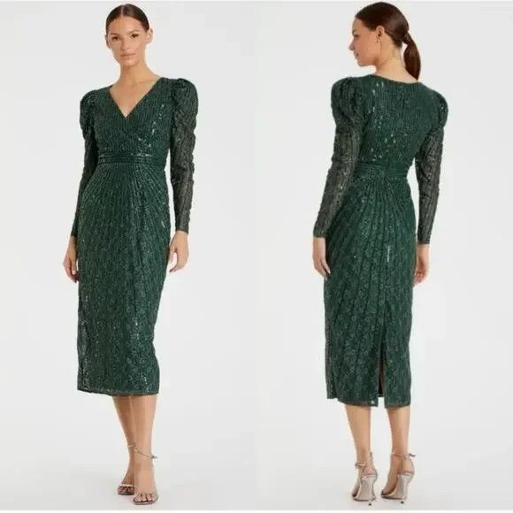 Mac Duggal 93676 Beaded Lace Long Sleeve Formal Gown Dress Green Nwt $458
